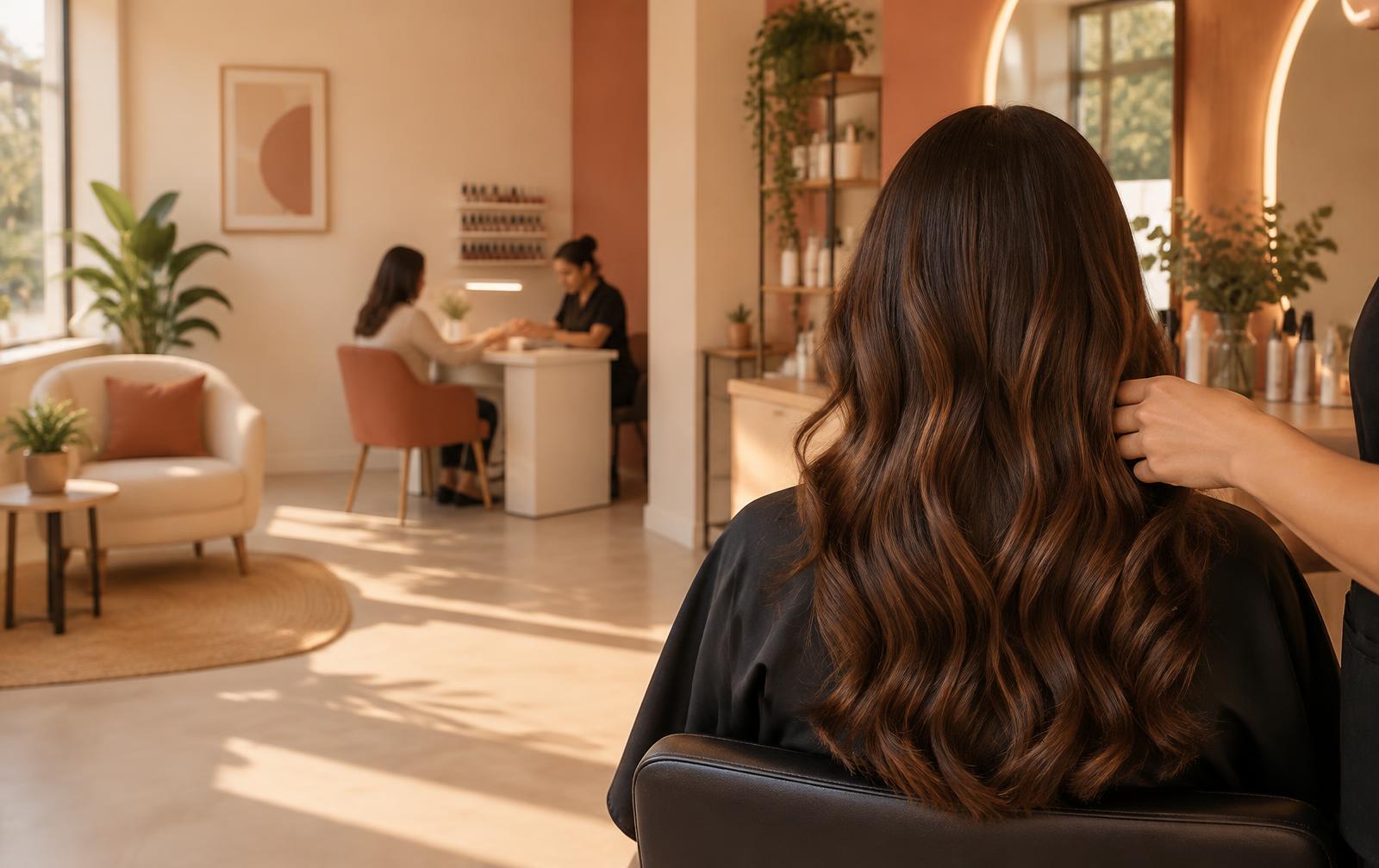 Cabelo longo e ondulado sendo cuidado em um salão acolhedor